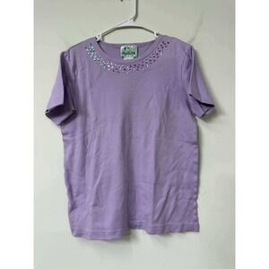 The Quacker Factory Purple Sequin Crew Neck Cotton T-Shirt Small‎ Lavender Tee